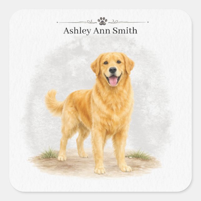 Golden Retriever Dog  Personalized Name Square Sticker (Front)