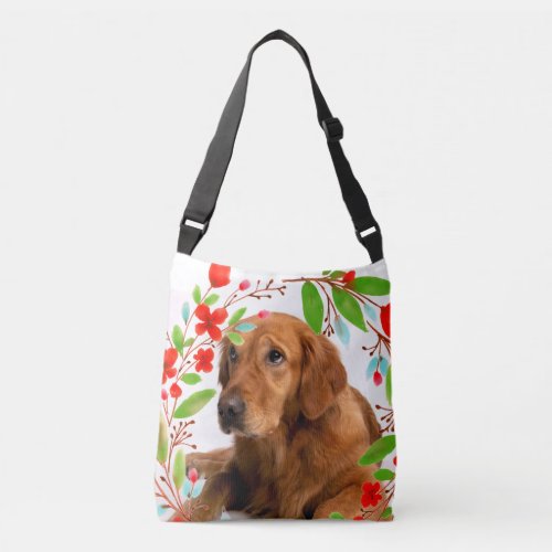 Golden Retriever Dog Photo with Floral Frame Crossbody Bag