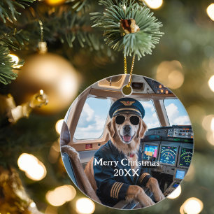Golden Retriever Dog Pilot Funny Christmas  Ceramic Ornament