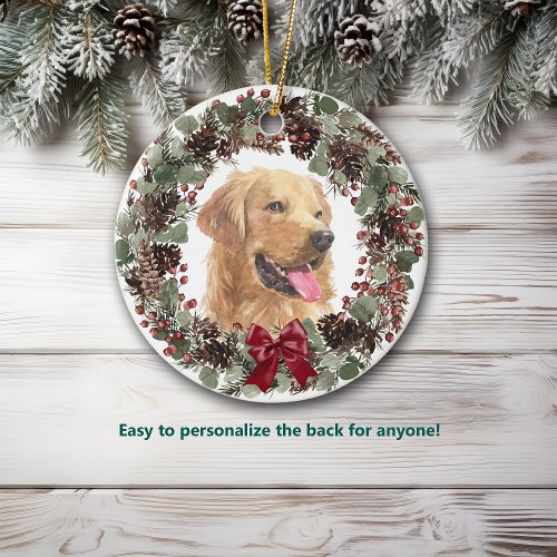 Golden Retriever Dog Pinecone Wreath Personalized Ceramic Ornament