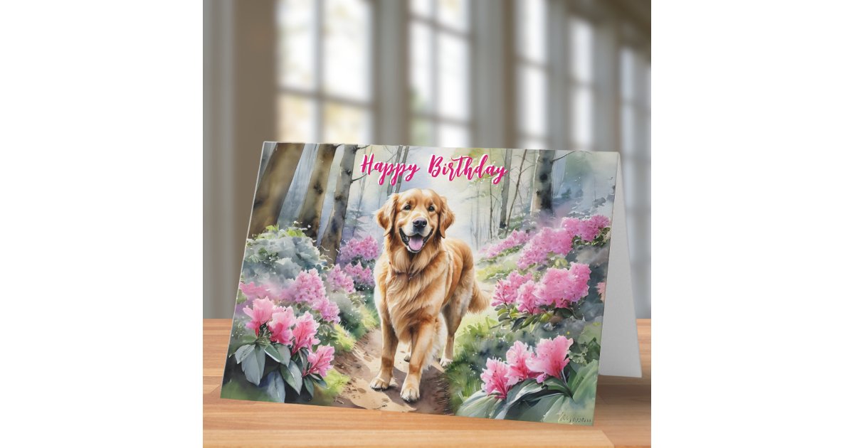 Golden Retriever Dog Pink Flowers Happy Birthday Card | Zazzle