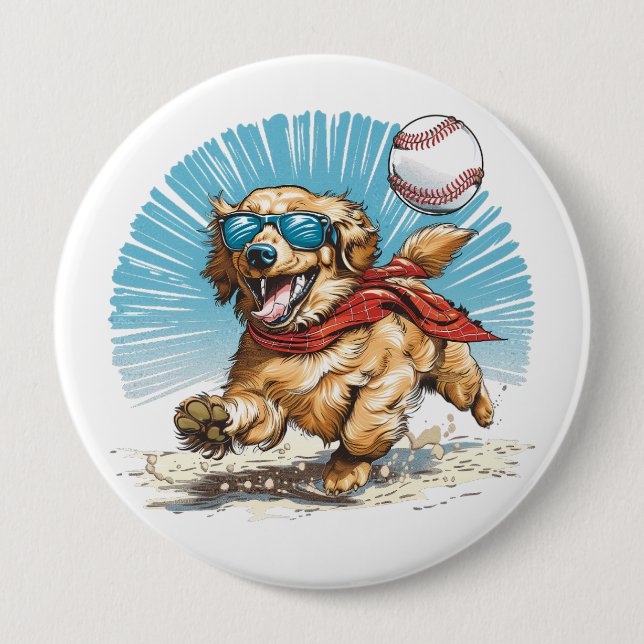 Golden Retriever Dog Playing Baseball Button (Front)