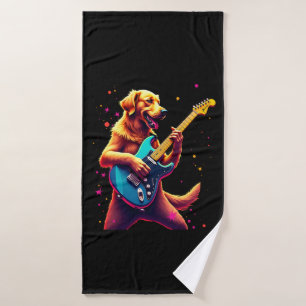 Golden Retriever dog Playing Electric Guitar Rock Bath Towel