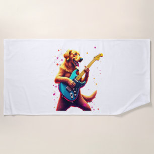 Golden Retriever dog Playing Electric Guitar Rock Beach Towel