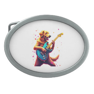 Golden Retriever dog Playing Electric Guitar Rock Belt Buckle