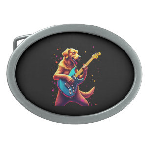 Golden Retriever dog Playing Electric Guitar Rock Belt Buckle