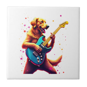 Golden Retriever dog Playing Electric Guitar Rock  Ceramic Tile