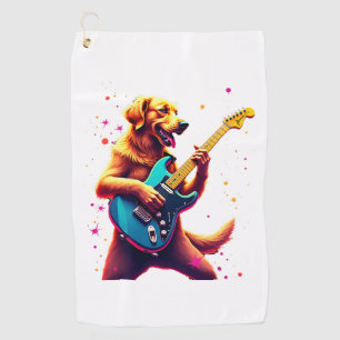 Golden Retriever dog Playing Electric Guitar Rock  Golf Towel