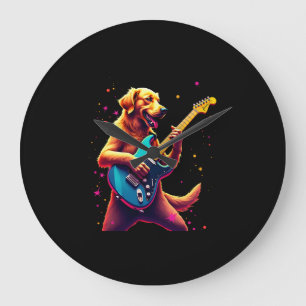 Golden Retriever dog Playing Electric Guitar Rock Large Clock
