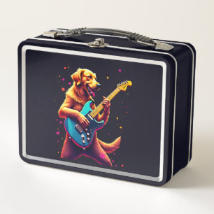 Golden Retriever dog Playing Electric Guitar Rock Metal Lunch Box