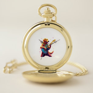 Golden Retriever dog Playing Electric Guitar Rock Pocket Watch