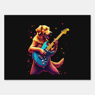 Golden Retriever dog Playing Electric Guitar Rock Sign