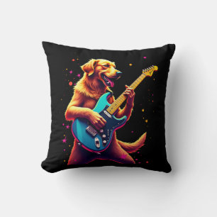 Golden Retriever dog Playing Electric Guitar Rock Throw Pillow