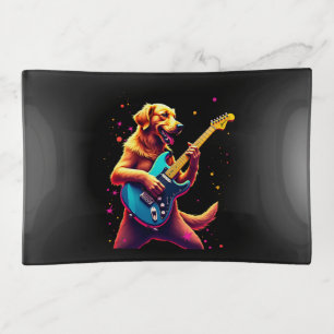 Golden Retriever dog Playing Electric Guitar Rock Trinket Tray