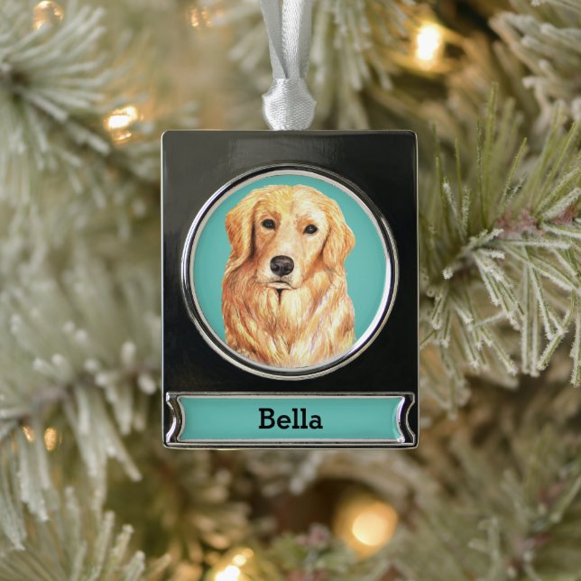 Golden Retriever Dog Portrait Personalized Silver Plated Banner Ornament (Tree)