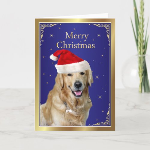 Golden Retriever dog red santa hat christmas card