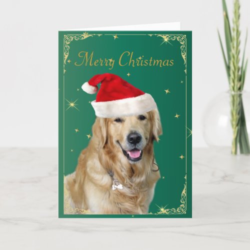 Golden Retriever dog red santa hat christmas card