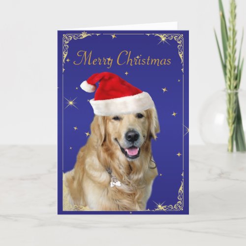 Golden Retriever dog red santa hat christmas card