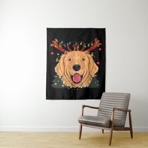 Golden Retriever Dog Reindeer Christmas Lights Tapestry