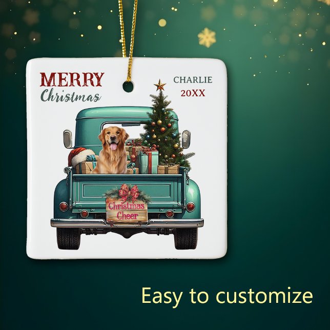 Golden Retriever Dog Retro Truck Christmas Ceramic Ornament (Creator Uploaded)