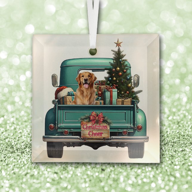 Golden Retriever Dog Retro Truck Christmas Glass Ornament (Creator Uploaded)