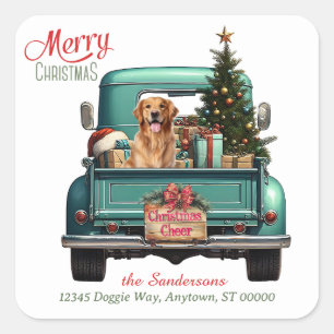Golden Retriever Dog Retro Truck Christmas Square Square Sticker