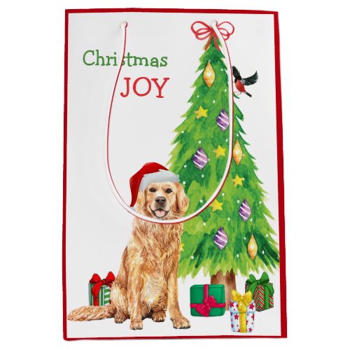 Golden Retriever Dog Santa Hat and Christmas Tree Medium Gift Bag