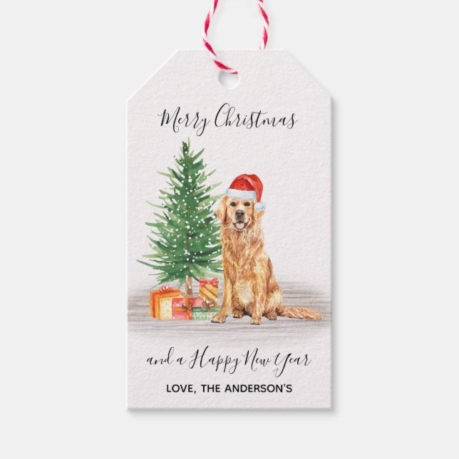 Golden Retriever Dog Santa Tree Merry Christmas Gift Tags (Front)
