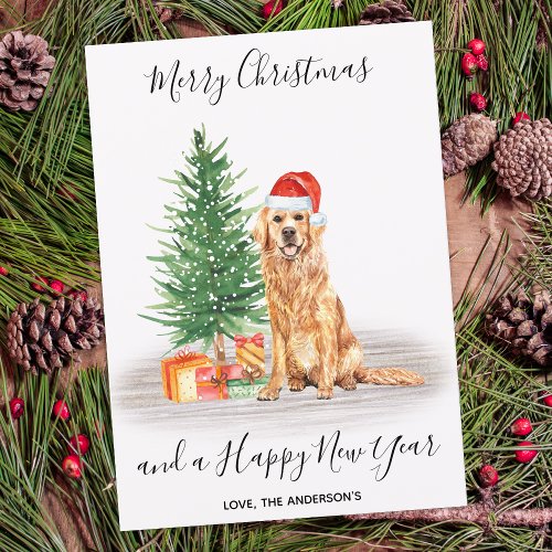 Golden Retriever Dog Santa Tree Merry Christmas Holiday Card