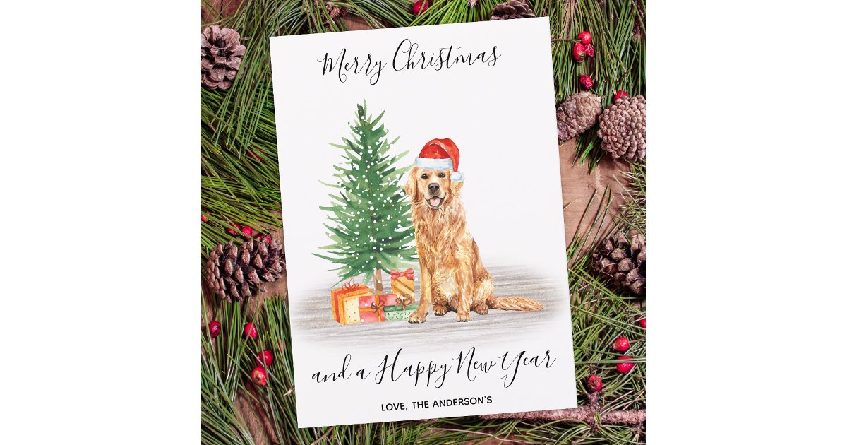 Golden Retriever Dog Santa Tree Merry Christmas Holiday Card | Zazzle