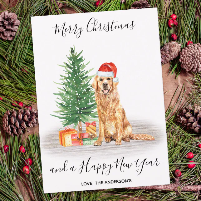 Golden Retriever Dog Santa Tree Merry Christmas Holiday Card | Zazzle