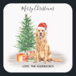 Golden Retriever Dog Santa Tree Merry Christmas Square Sticker<br><div class="desc">Send christmas greetings this holiday season with this Merry Christmas golden retriever santa dog with tree design sticker, and matching decor. This golden retriever holiday sticker features a watercolor dog with santa hat and a holiday tree. Personalize with family name . This golden retriever christmas sticker will be a favorite...</div>