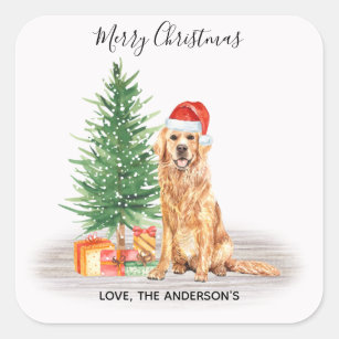 Golden Retriever Dog Santa Tree Merry Christmas Square Sticker