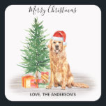 Golden Retriever Dog Santa Tree Merry Christmas Square Sticker<br><div class="desc">Send christmas greetings this holiday season with this Merry Christmas golden retriever santa dog with tree design sticker, and matching decor. This golden retriever holiday sticker features a watercolor dog with santa hat and a holiday tree. Personalize with family name . This golden retriever christmas sticker will be a favorite...</div>