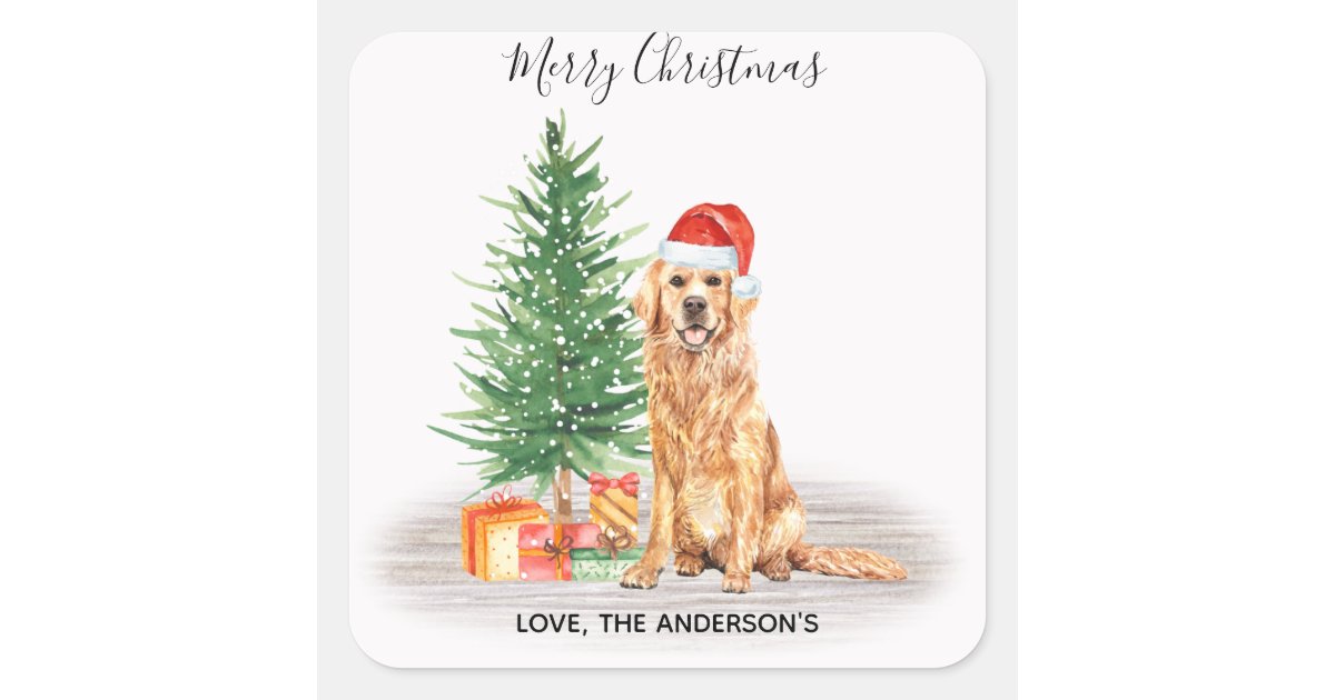 Golden Retriever Dog Santa Tree Merry Christmas Square Sticker | Zazzle