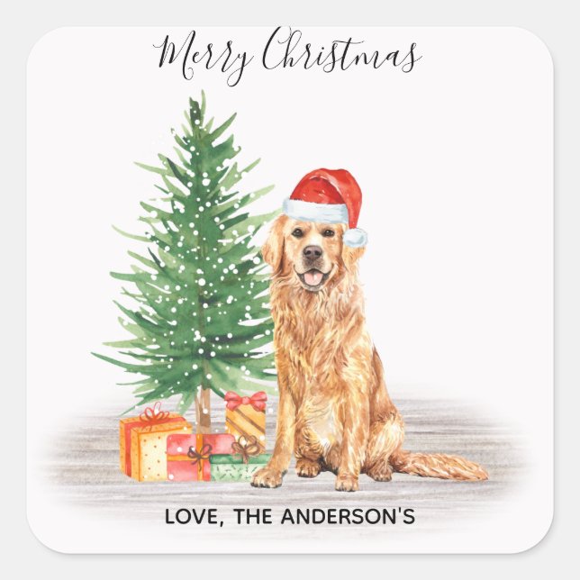 Golden Retriever Dog Santa Tree Merry Christmas Square Sticker (Front)
