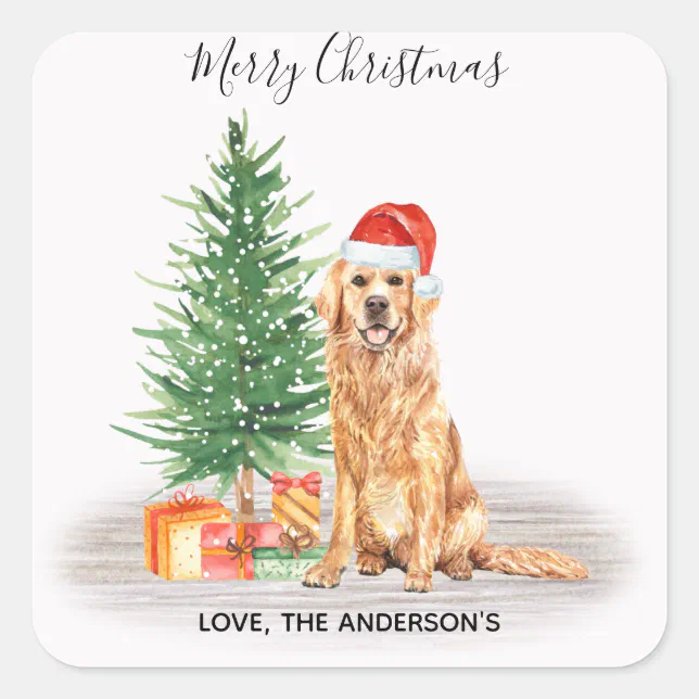Golden Retriever Dog Santa Tree Merry Christmas Square Sticker | Zazzle
