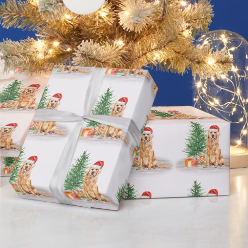 Golden Retriever Dog Santa Tree Merry Christmas Wrapping Paper