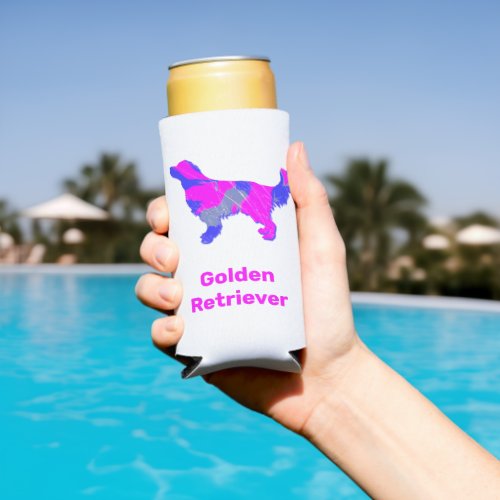 Golden Retriever Dog Silhouette Hot Pink  Blue Seltzer Can Cooler