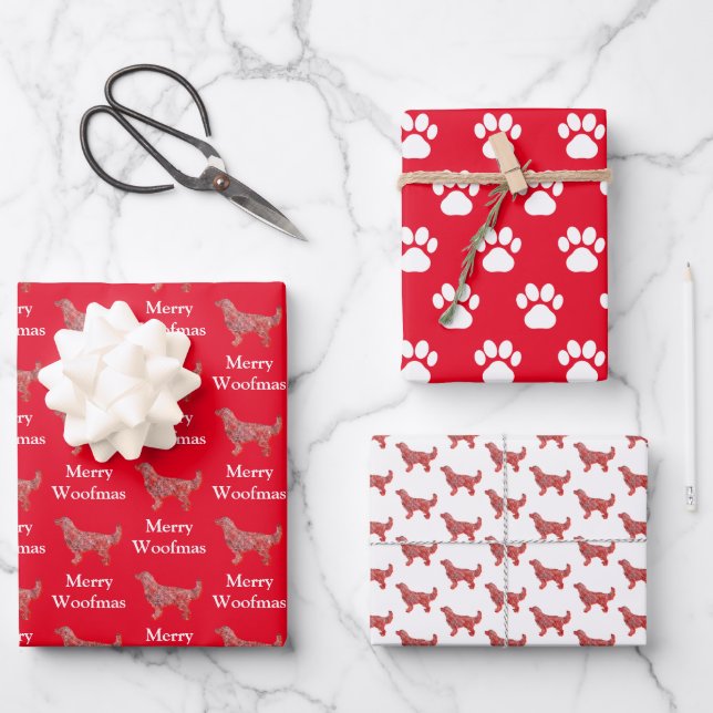 Golden Retriever Dog Silhouette Red Merry Woofmas Wrapping Paper Sheets (Front)
