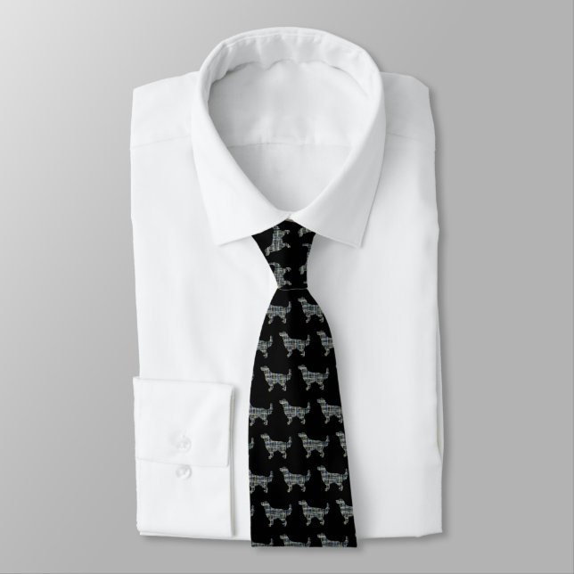 Golden Retriever Dog Silhouette Y&B Grid Black Neck Tie (Tied)