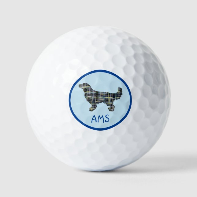 Golden Retriever Dog Silhouette Yellow & Blue Grid Golf Balls (Front)