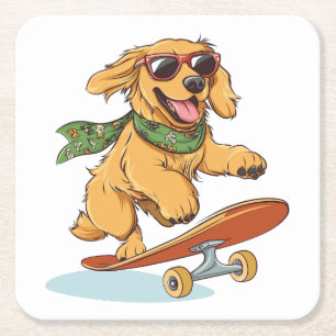 Golden Retriever Dog Skateboarding Square Paper Coaster
