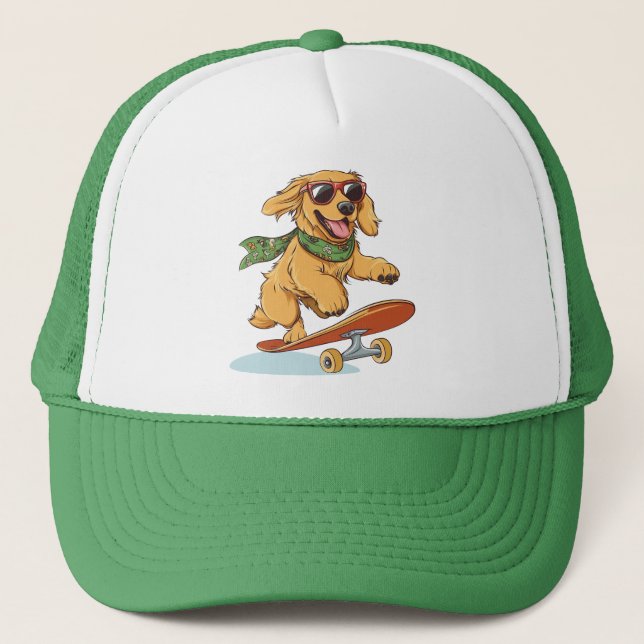 Golden Retriever Dog Skateboarding Trucker Hat (Front)