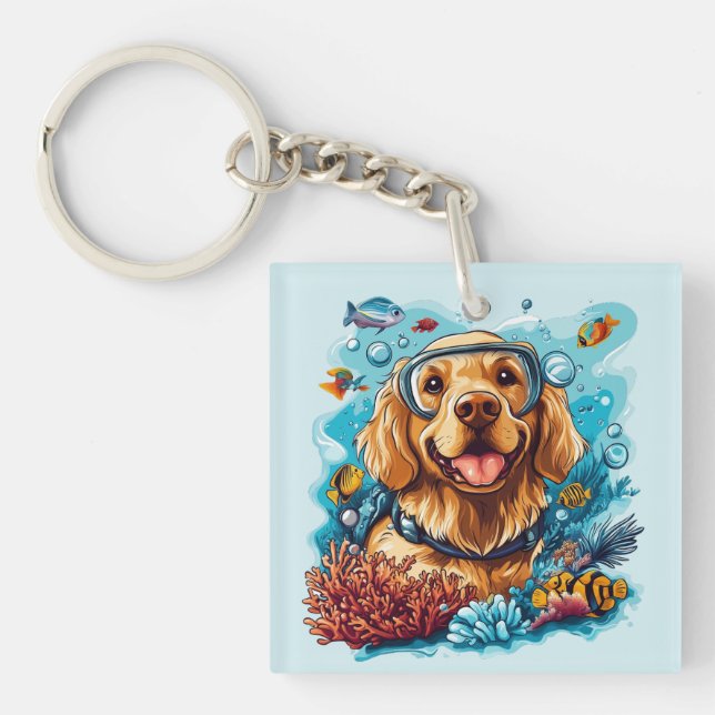 Golden Retriever Dog Snorkeling Coral Reef Keychain (Front)