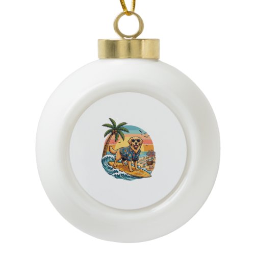 Golden Retriever Dog Surfing Surfboard Sunset Palm Ceramic Ball Christmas Ornament
