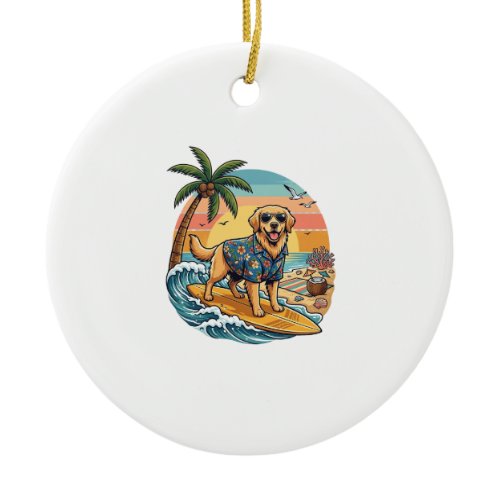 Golden Retriever Dog Surfing Surfboard Sunset Palm Ceramic Ornament