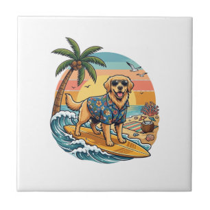 Golden Retriever Dog Surfing Surfboard Sunset Palm Ceramic Tile
