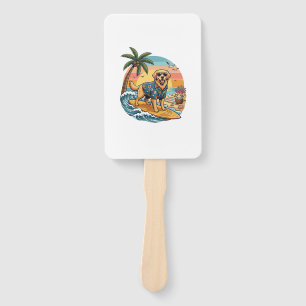Golden Retriever Dog Surfing Surfboard Sunset Palm Hand Fan