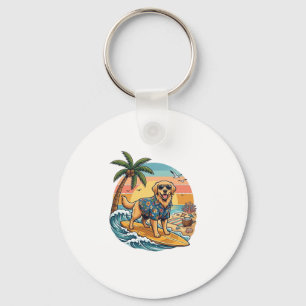 Golden Retriever Dog Surfing Surfboard Sunset Palm Keychain